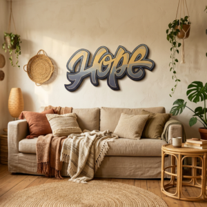 Handgefertigtes Wandschild "Hope" in gold-gelber Schrift, aufgehängt an der Wand eines gemütlichen Boho-Wohnzimmers mit Leinensofa, Rattan-Beistelltisch und Monstera