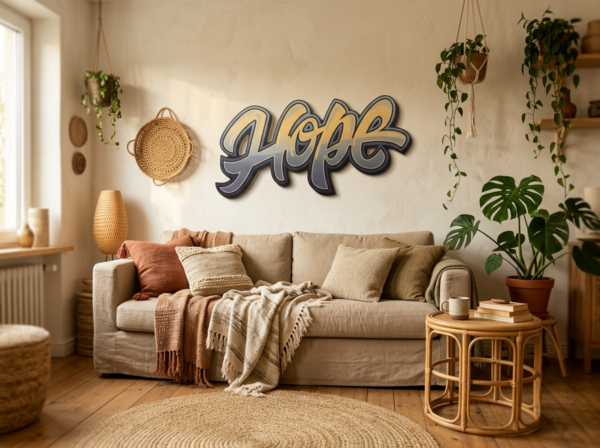 Handgefertigtes Wandschild "Hope" in gold-gelber Schrift, aufgehängt an der Wand eines gemütlichen Boho-Wohnzimmers mit Leinensofa, Rattan-Beistelltisch und Monstera