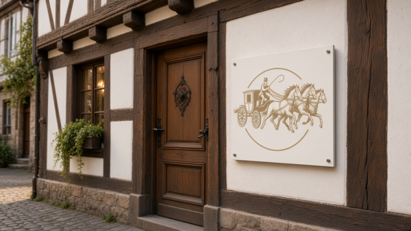 Wandschild Pferdekutsche als Außenschild an einem Fachwerkgebäude