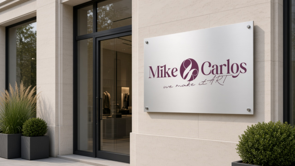 Wandschild Mike & Carlos – Außenfassade Mike & Carlos Wandschild an einer modernen Außenfassade