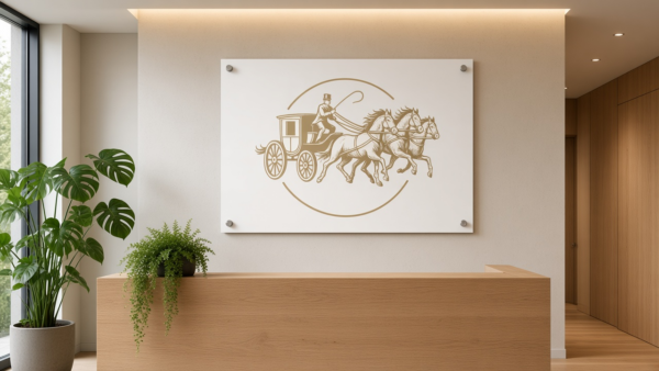 Wandschild Pferdekutsche im Empfangsbereich eines Büros