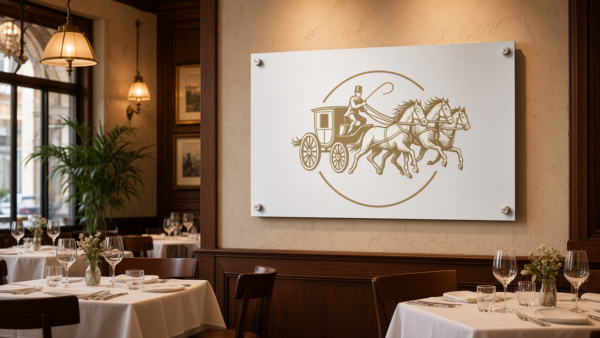 Wandschild Pferdekutsche im Innenbereich eines Restaurants