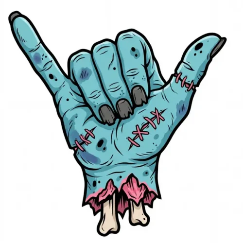 Comic-Illustration einer untoten, blaugrünen Zombie-Hand, die das Shaka-/Hang-loose-Zeichen zeigt