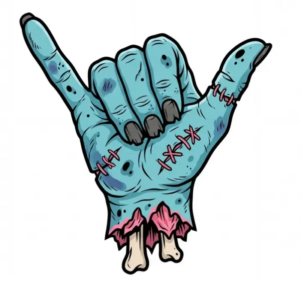 Comic-Illustration einer untoten, blaugrünen Zombie-Hand, die das Shaka-/Hang-loose-Zeichen zeigt