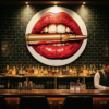 Pop-Art Wandschild Kussmund in Größe big, 105 cm breit, als Statement über dem Backbar-Regal einer Cocktailbar