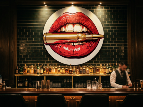 Pop-Art Wandschild Kussmund in Größe big, 105 cm breit, als Statement über dem Backbar-Regal einer Cocktailbar