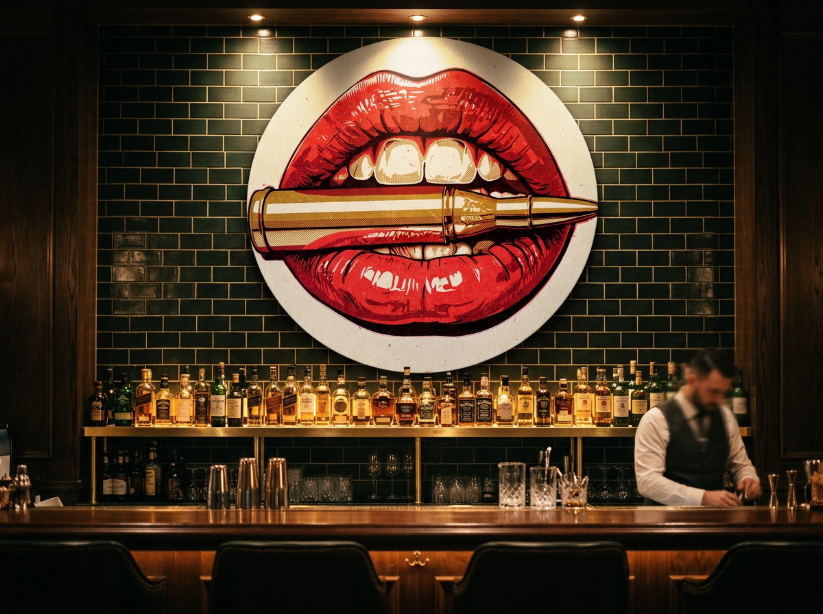 Pop-Art Wandschild Kussmund in Größe big, 105 cm breit, als Statement über dem Backbar-Regal einer Cocktailbar
