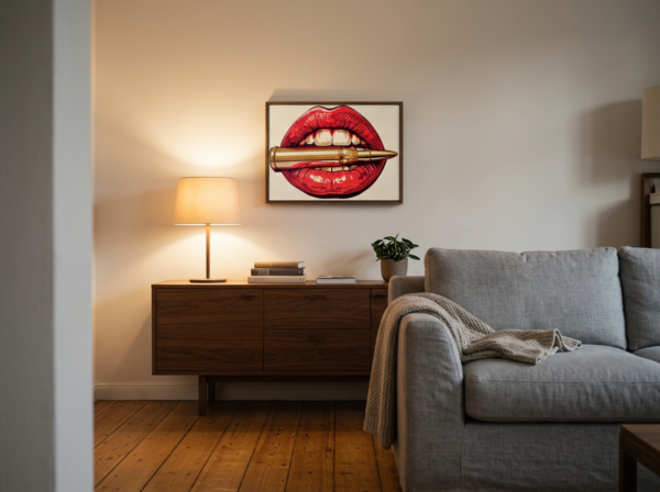 Pop-Art Wandschild Kussmund in Größe small, 39 cm breit, über einem Sideboard in einem gemütlichen Wohnzimmer