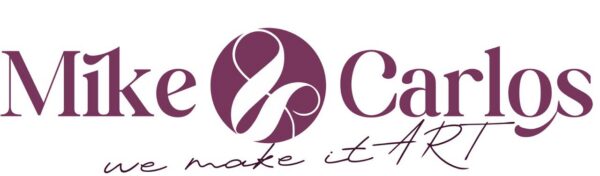 Mike & Carlos Wandschild – Logo Mike & Carlos Wandschild mit bordeauxfarbenem Logo und Schriftzug we make it ART