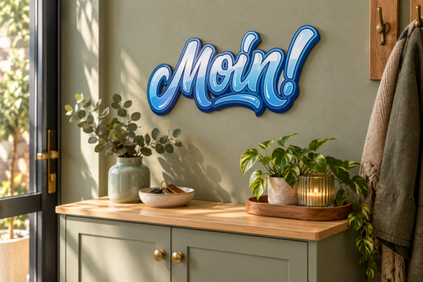 Moin! Konturschild in Boutique: sage boutique entrance with compact cabinet, 300 × 133 mm, acryl