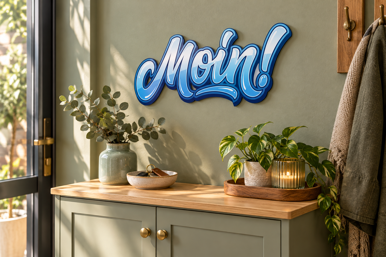 Moin! Konturschild in Boutique: sage boutique entrance with compact cabinet, 300 × 133 mm, acryl