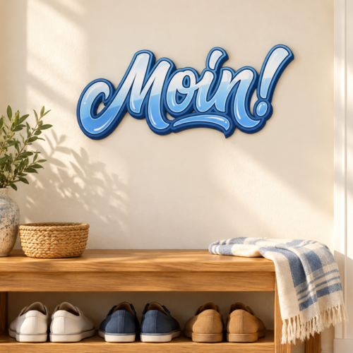 Moin! Konturschild in Flur: sunny cream entryway, oak shoe bench, pale blue door, 300 × 133 mm, dibond