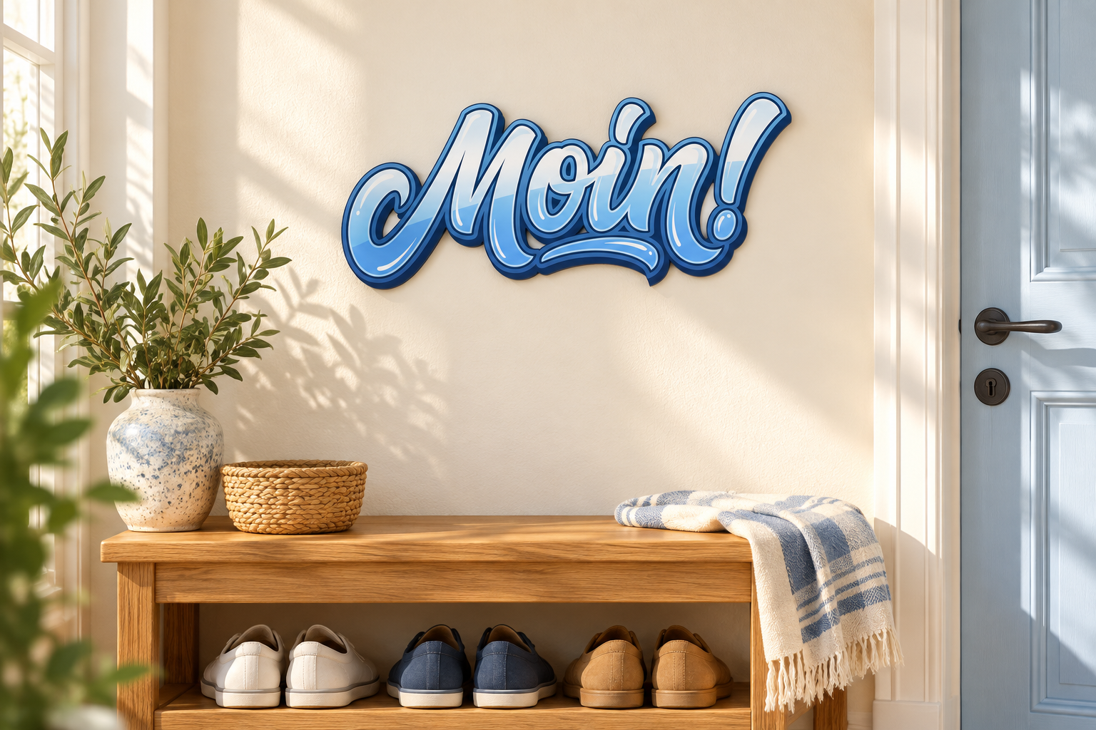 Moin! Konturschild in Flur: sunny cream entryway, oak shoe bench, pale blue door, 300 × 133 mm, dibond