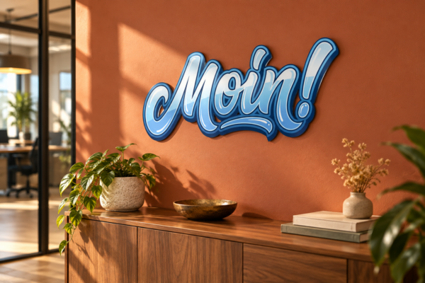 Moin! Konturschild in Büro: warm terracotta office entry with walnut console, 500 × 222 mm, acryl