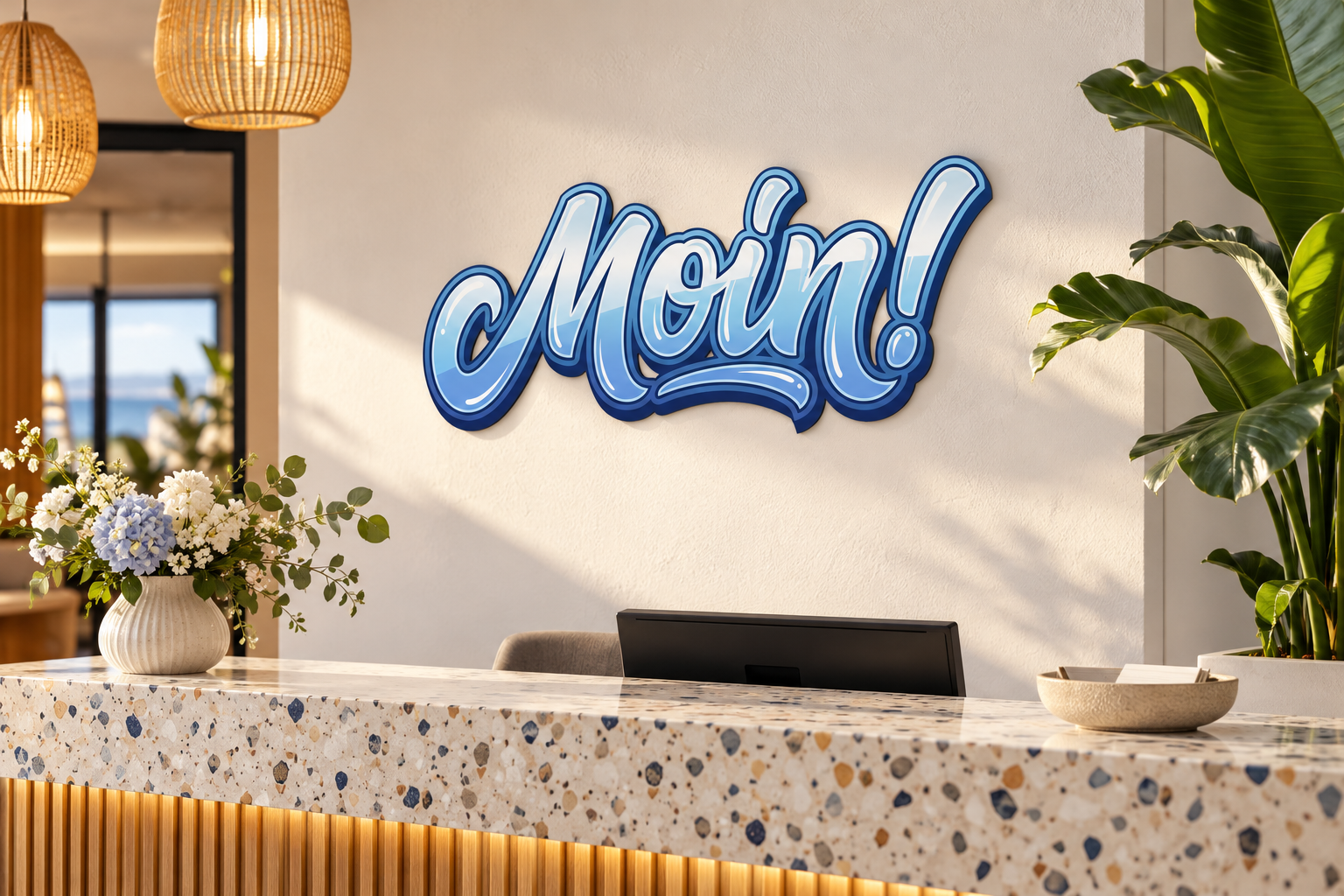 Moin! Konturschild in Empfangshalle: welcoming coral reception, terrazzo console, 500 × 222 mm, dibond