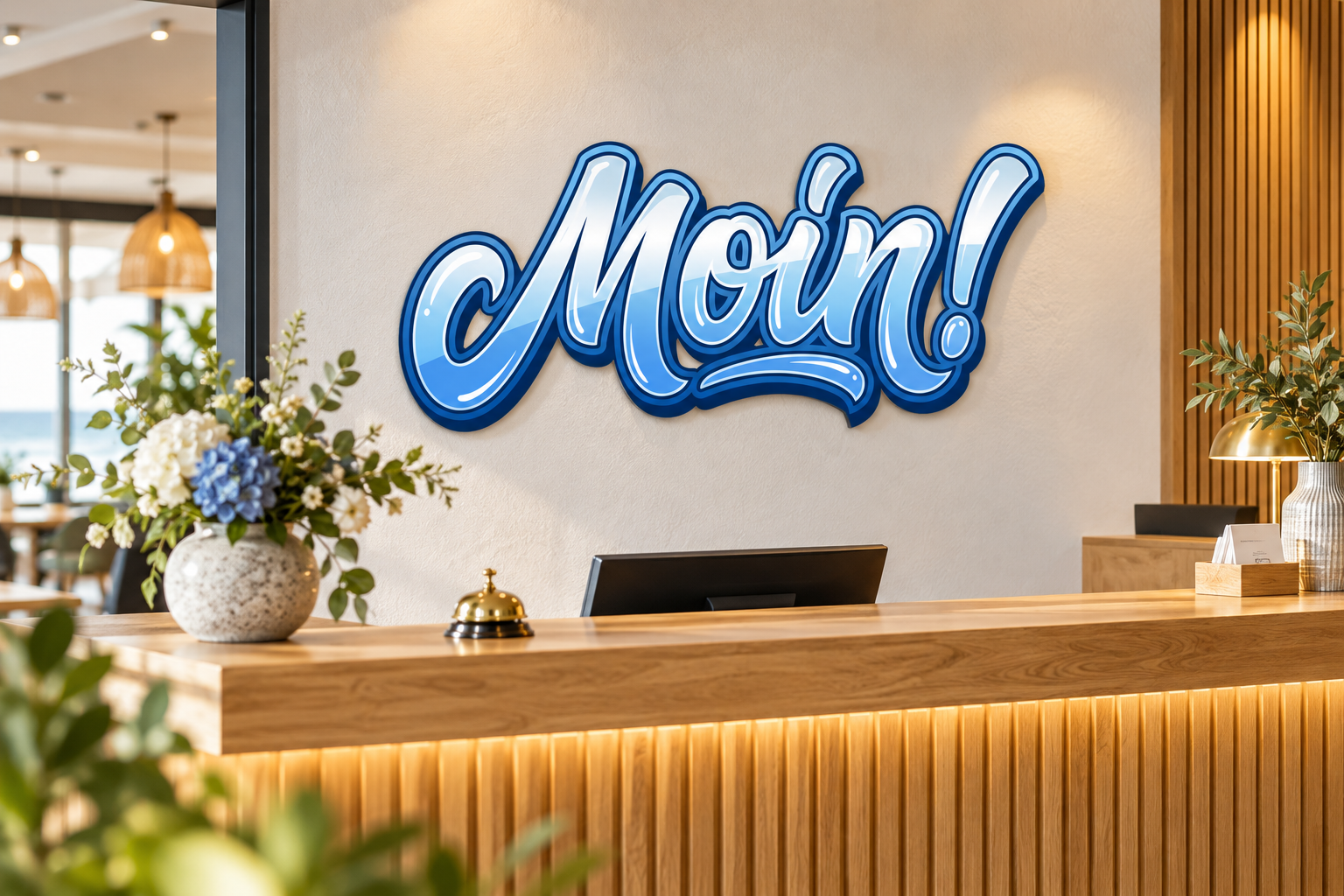 Moin! Konturschild in Theke: bright contemporary hotel reception with oak desk, 900 × 400 mm, acryl