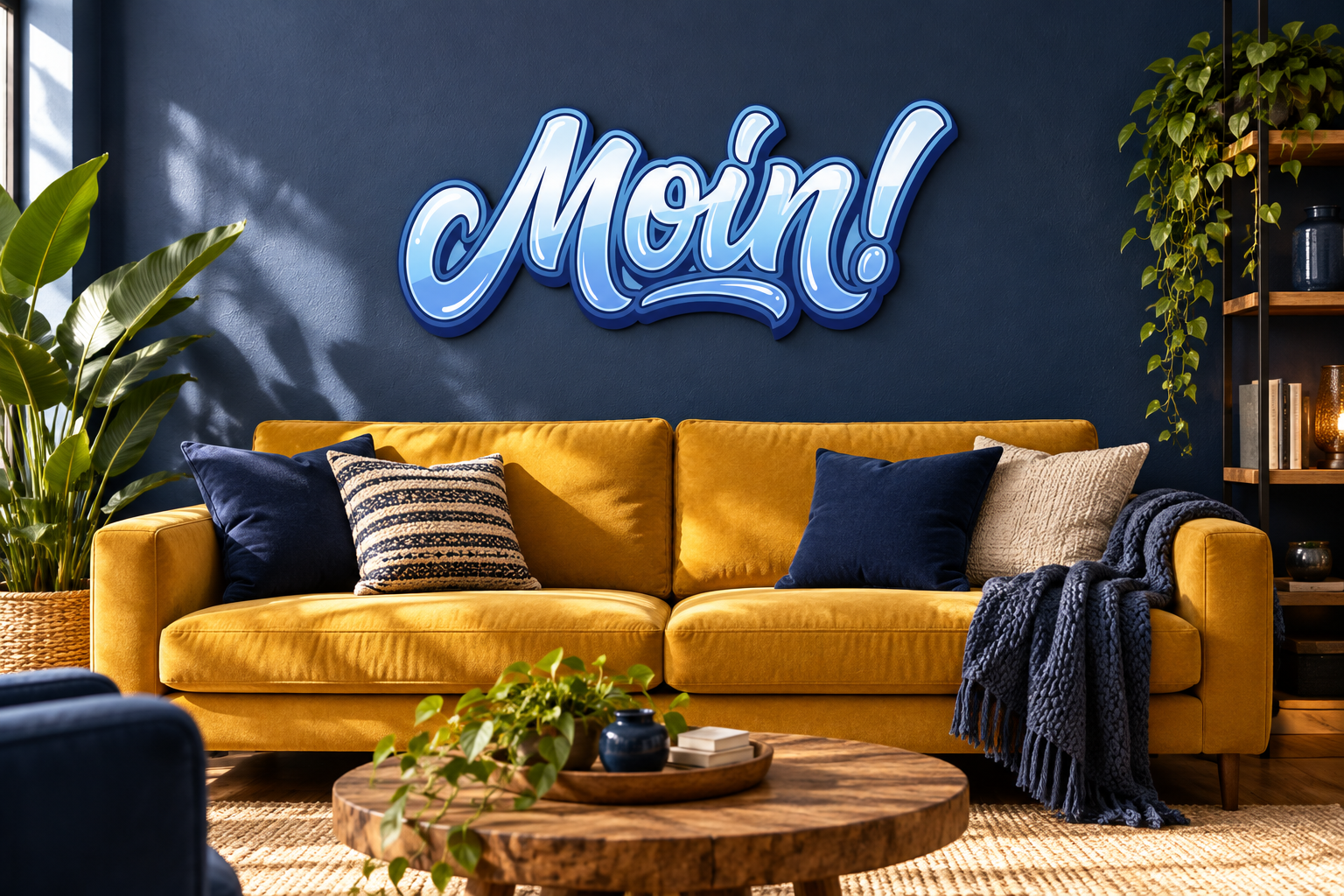 Moin! Konturschild in Wohnzimmer: navy lounge, mustard sofa, 900 × 400 mm, dibond