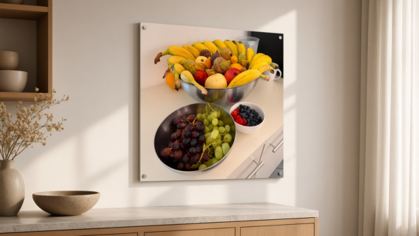 Wandschild mit farbenfrohem Obst-Stillleben in einer modernen Küche