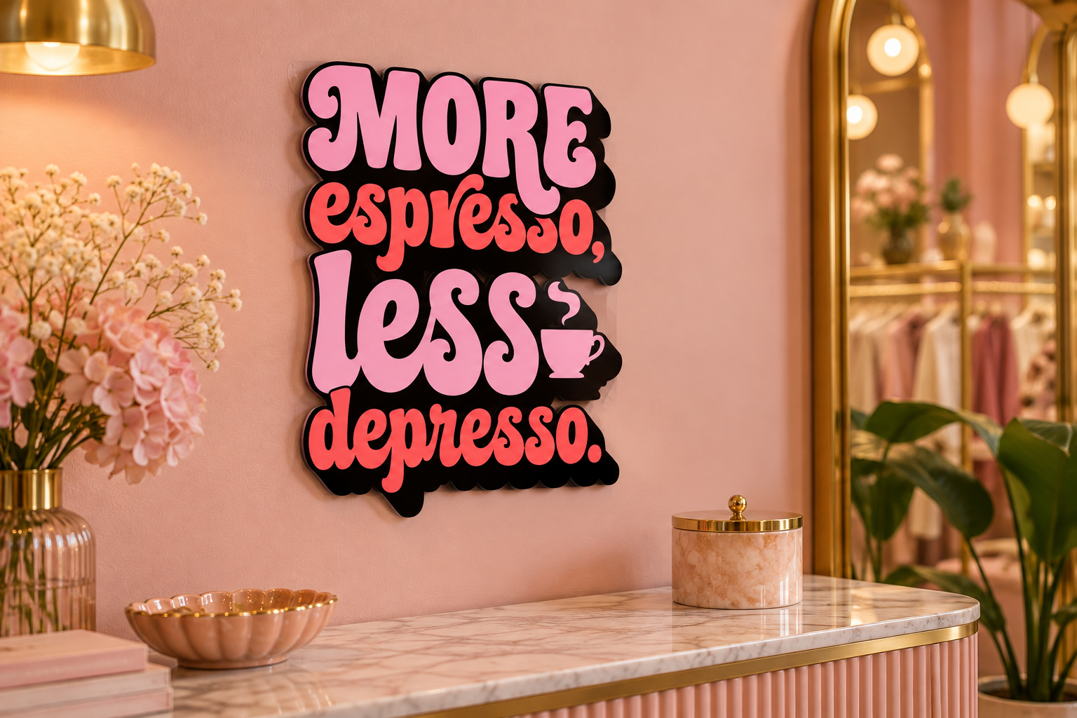 moreespresso Konturschild in Boutique: blush pink boutique checkout, brass details, 240 × 300 mm, acryl