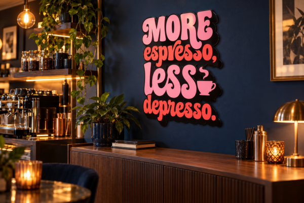 moreespresso Konturschild in Bar: navy coffee cocktail bar with warm amber lighting, 400 × 500 mm, acryl