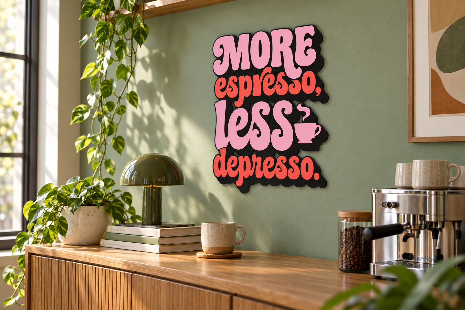 moreespresso Konturschild in Büro: sage green creative office coffee corner with oak sideboard, 400 × 500 mm, dibond