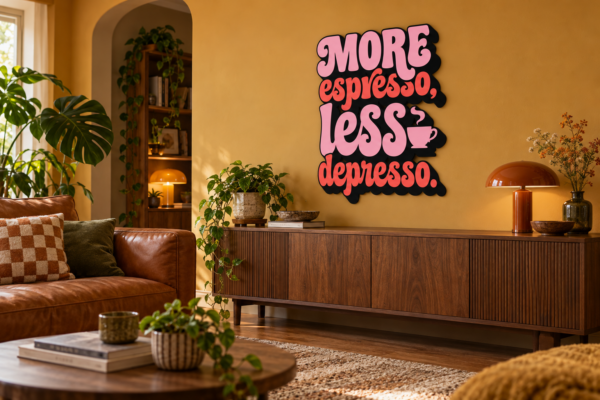 moreespresso Konturschild in Wohnzimmer: warm ochre lounge, cognac sofa and walnut sideboard, 720 × 900 mm, acryl