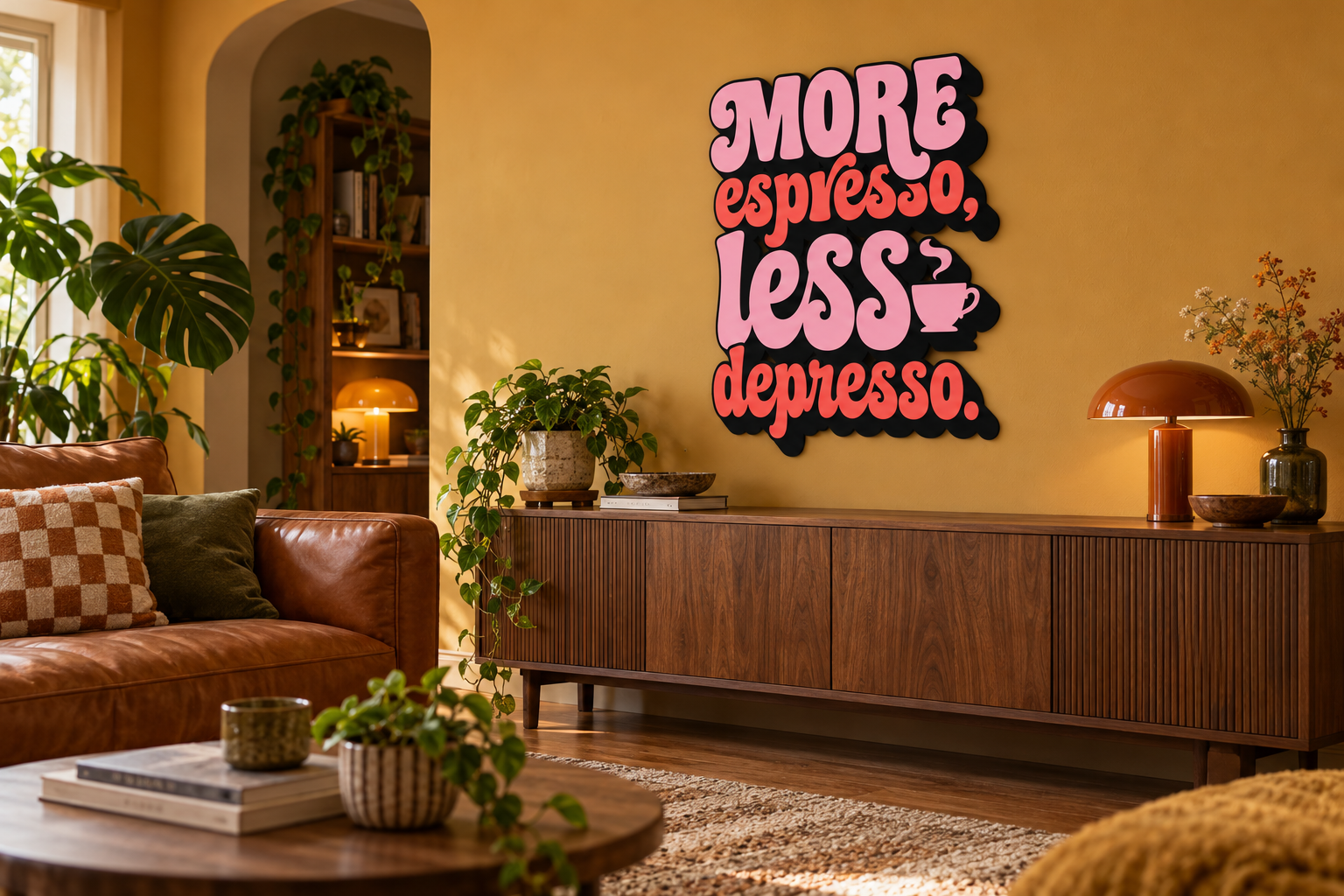 moreespresso Konturschild in Wohnzimmer: warm ochre lounge, cognac sofa and walnut sideboard, 720 × 900 mm, acryl