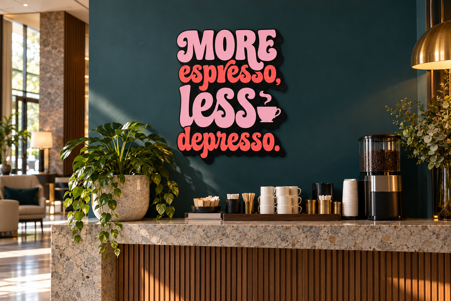 moreespresso Konturschild in Empfangshalle: airy hotel lobby coffee station, dark teal wall and stone counter, 720 × 900 mm, dibond