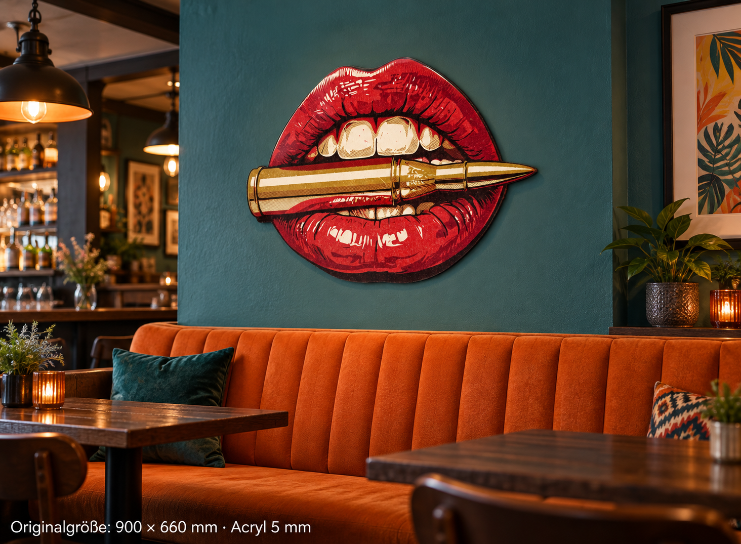 Bullit Konturschild, 900 × 660 mm, Acryl 5 mm, 35° von links, Raumansicht, Kneipe.