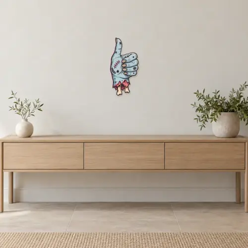 Daumen-hoch Konturschild, 150 × 300 mm, Dibond, frontal im Raum