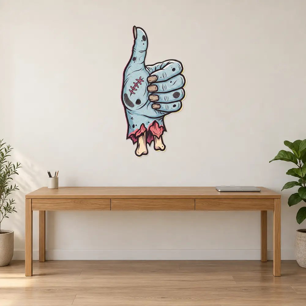 Daumen-hoch Konturschild, 450 × 900 mm, Dibond, frontal im Raum