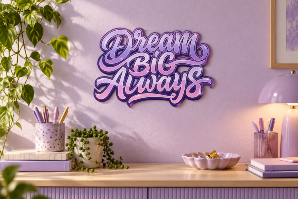DreamBigAlways Konturschild in Büro: lavender creative office desk nook, 300 × 199 mm, dibond