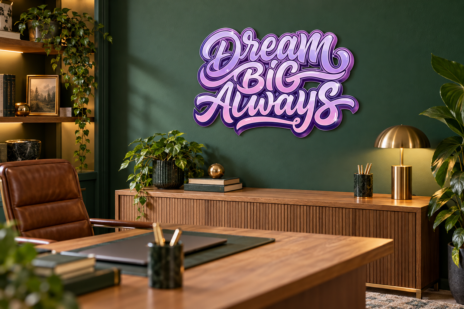 DreamBigAlways Konturschild in Büro: forest green executive workspace, oak desk, 500 × 332 mm, acryl