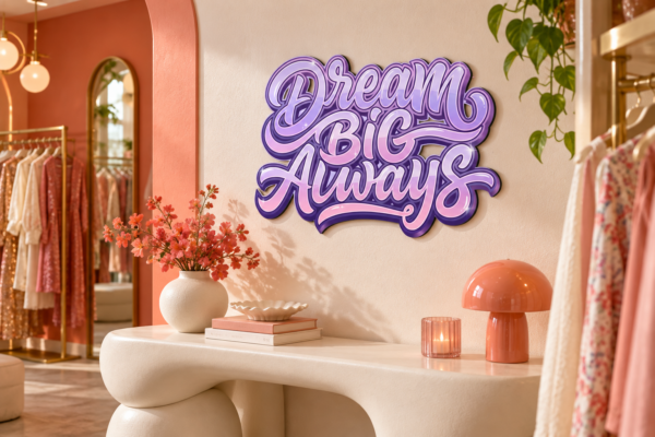 DreamBigAlways Konturschild in Boutique: coral and cream fashion boutique with sculptural console, 500 × 332 mm, dibond