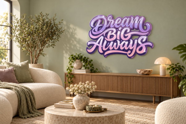 DreamBigAlways Konturschild in Wohnzimmer: pale sage living room with curved cream sofa, 900 × 598 mm, acryl