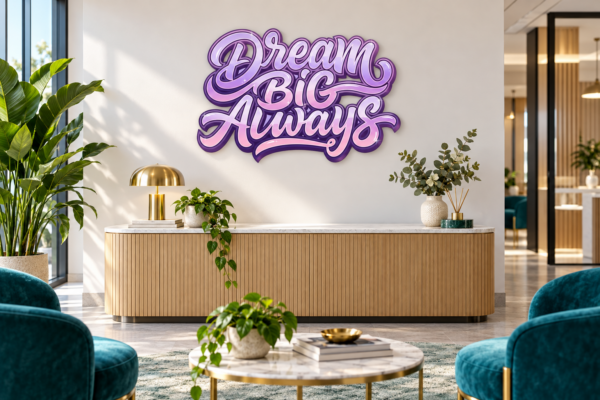 DreamBigAlways Konturschild in Empfangshalle: bright contemporary reception, teal upholstery, 900 × 598 mm, dibond