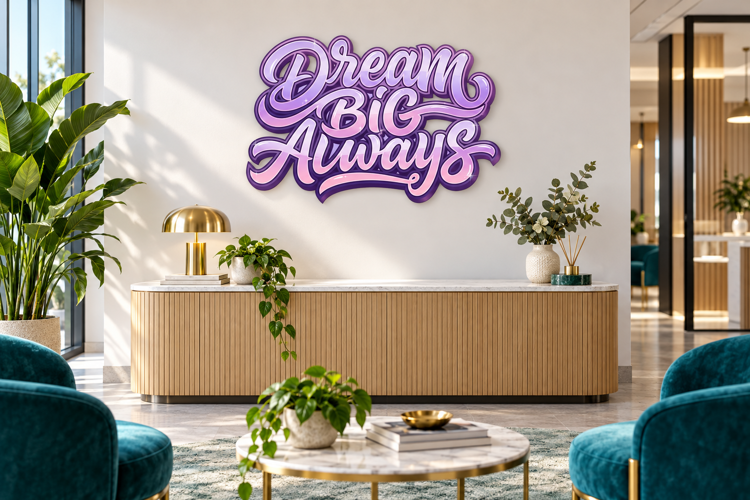 DreamBigAlways Konturschild in Empfangshalle: bright contemporary reception, teal upholstery, 900 × 598 mm, dibond