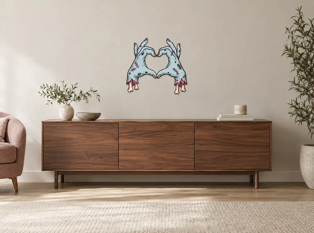Handsheart Konturschild, 500 × 464 mm, Dibond, frontal im Raum