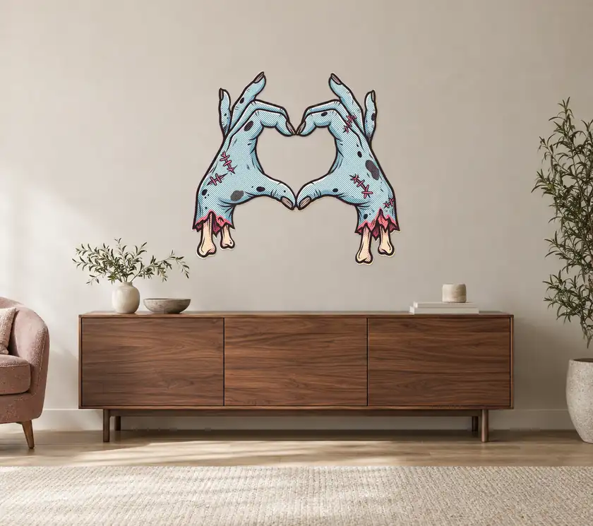 Handsheart Konturschild, 900 × 835 mm, Dibond, frontal im Raum