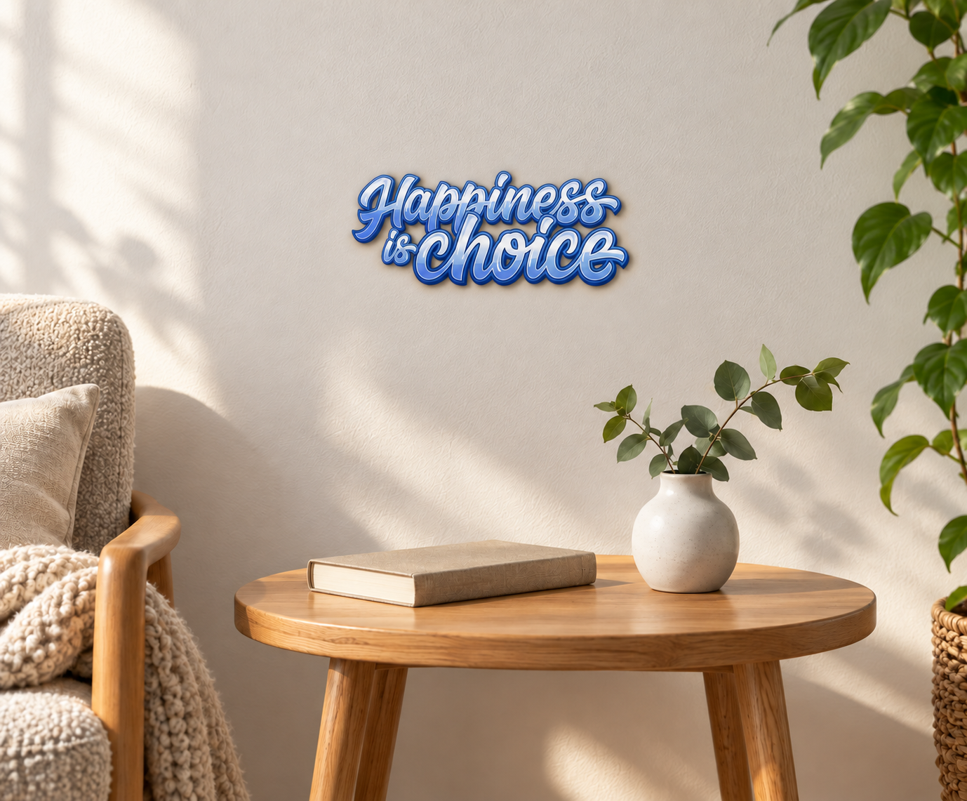 Happiness is choice, Konturschild 300 × 123 mm aus Dibond, in heller Leseecke