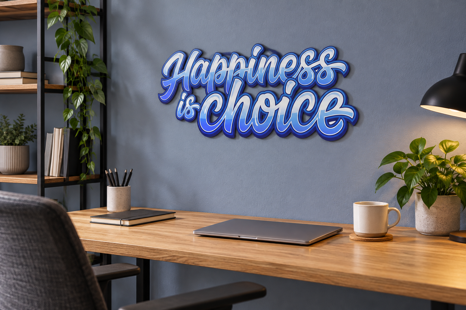 Happiness is choice, Konturschild 500 × 204 mm aus Dibond, Homeoffice, Schrägansicht von rechts