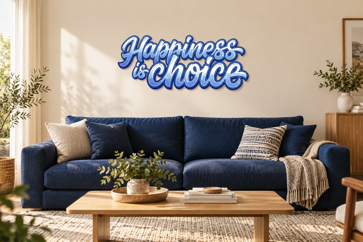Happiness is choice, Konturschild 900 × 368 mm aus Dibond, Wohnzimmer, frontal