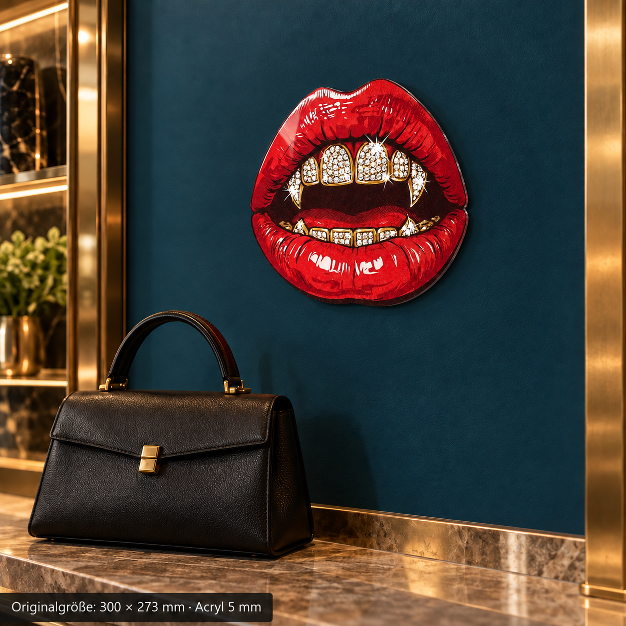 Iced-out-grillz 300 × 273 mm · Acryl · Boutique · rechts-35-closeup – konturgeschnittenes Wandmotiv