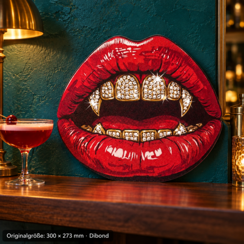 Iced-out-grillz 300 × 273 mm · Dibond · Bar · frontal-closeup – konturgeschnittenes Wandmotiv