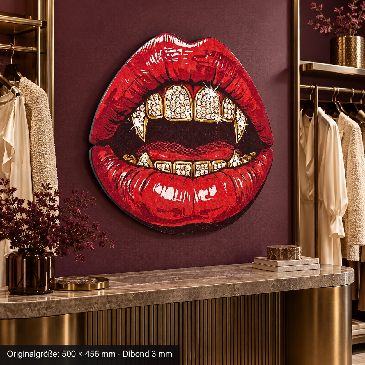 Iced-out-grillz 500 × 456 mm · Dibond · Boutique · links-35-mittel – konturgeschnittenes Wandmotiv