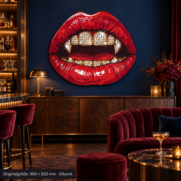 Iced-out-grillz 900 × 820 mm · Dibond · Bar · frontal-totale – konturgeschnittenes Wandmotiv