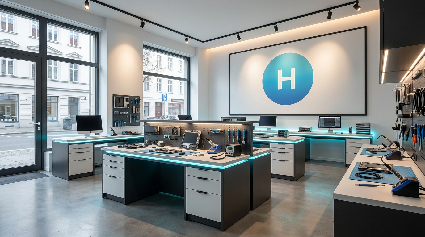 Logo-Line Wandbild in einer modernen Computerwerkstatt