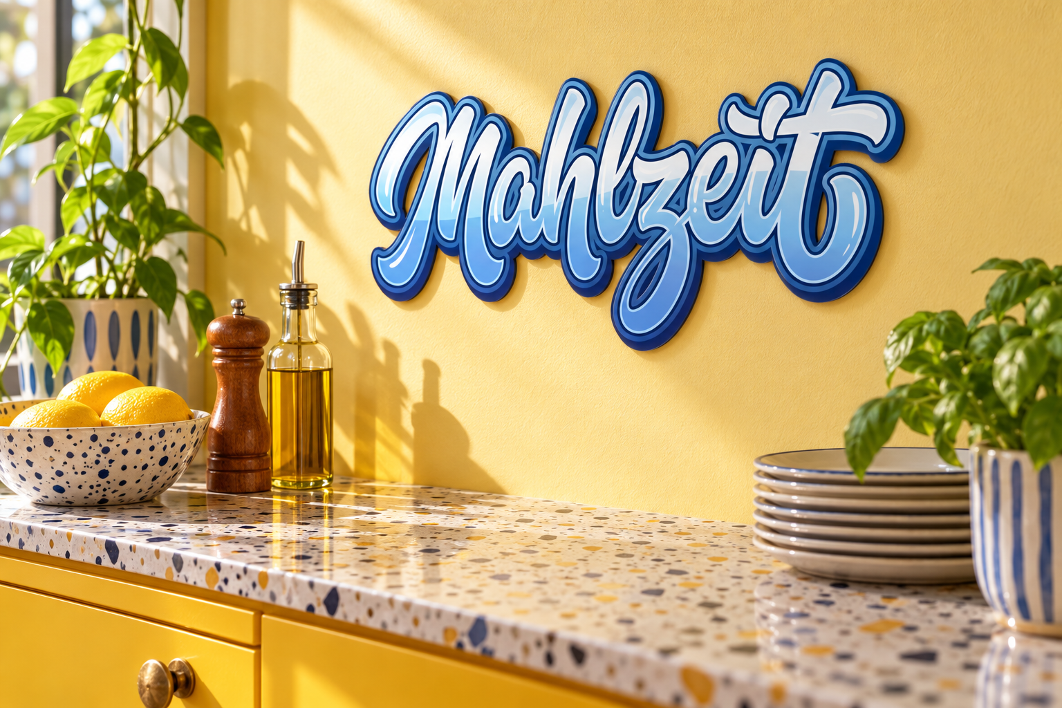 Mahlzeit Konturschild in Theke: sunny yellow deli counter with terrazzo top, 300 × 137 mm, acryl