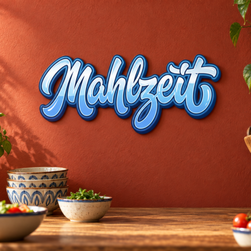 Mahlzeit Konturschild in Theke: warm brick red lunch counter with ceramic bowls, 300 × 137 mm, dibond