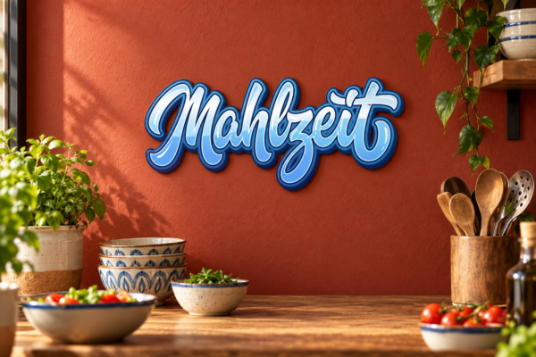 Mahlzeit Konturschild in Theke: warm brick red lunch counter with ceramic bowls, 300 × 137 mm, dibond